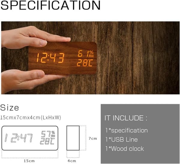 LED Digital Alarm Clock Humidity Date Temperature Wood Look Decor