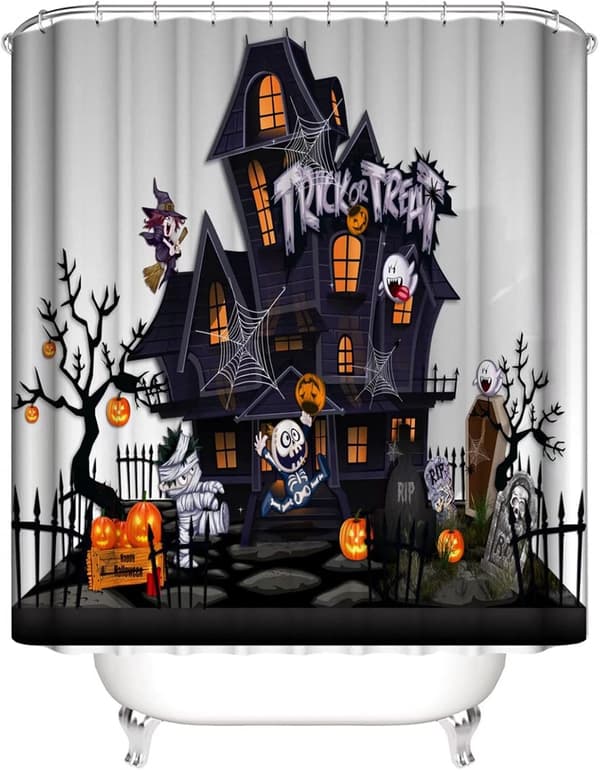 Halloween-duschdraperiset med halkfria mattor och toalettlock