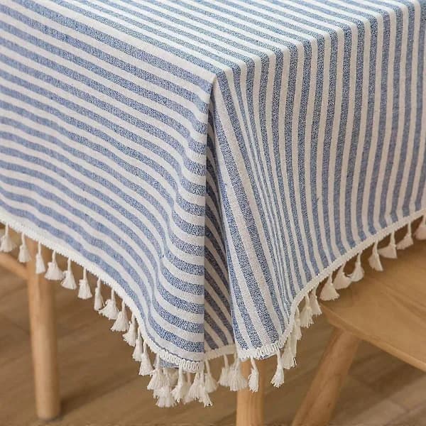 Cotton and Linen Tablecloth with Stripes and Tassels, Rectangular, Dustproof Tablecloth for Kitchen, Dining Table, Table Decoration (140 cm x 180 cm, Blue)