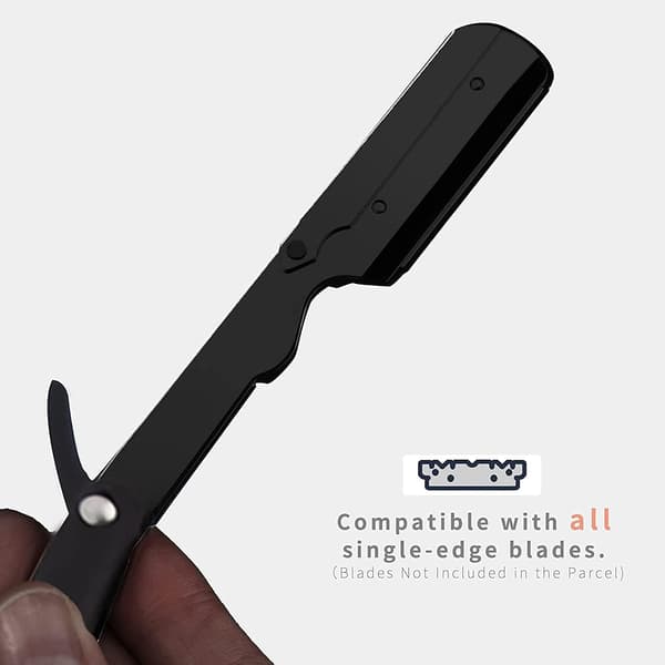 (Sort) Barberkniv med lige kant, høj kvalitet, foldbar