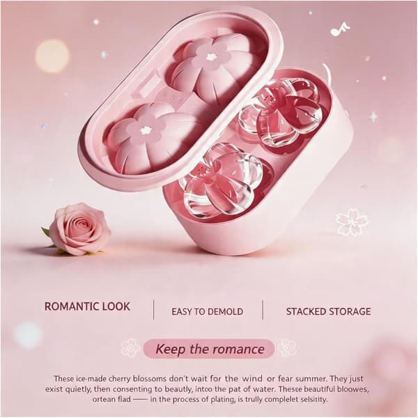 Ice Cube Tray - Cherry Blossom Ice Cube Molds with Lid, 2 Cavities Non-Stick Reusable Ice Maker Mold Quick Release Large Ice Mold