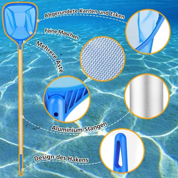 Pool Surface Skimmer Net, Pool Bottom Net with 1.14m Sturdy Aluminum Pole, 13cm Deep Net with 4-Piece Pole for Pool
