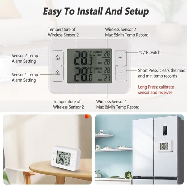 Digital Fridge and Freezer Thermometer with 2 Wireless Sensors, LCD Screen, Min/Max Function and Audible Alarm