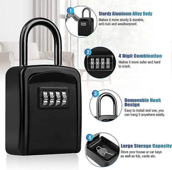 Key Security Box, 4-Digit Combination Key Lock Box with Removable Hook, Resettable