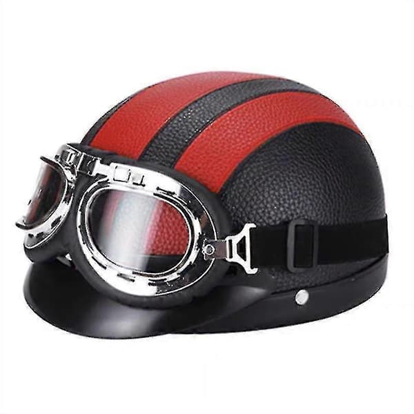 Retro Motorcycle Leather Half Helmet With Goggles Red Red