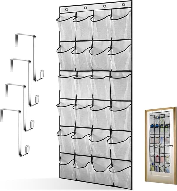 Hanging Shoe Rack - with 24 Mesh Pockets & 4 Hooks - Over-the-Door Storage Rack - Storage Pockets