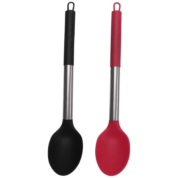 Silicone Cooking Spoon 2 Non-Stick Solid Ladle Heat-Resistant Kitchen Utensil For Spoon BlackRed