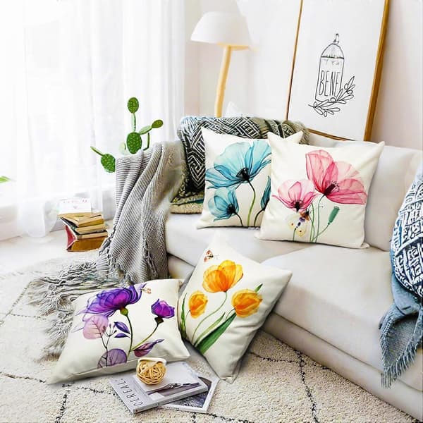 Sæt med 4 blomstrede pyntepuder, akvarelblomstermønster