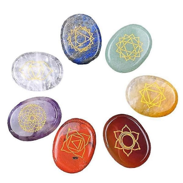 7 stk Chakra Sten Reiki Healing Kvarts Graverede Chakra Symboler Holistisk Balancering Polerede Håndsten