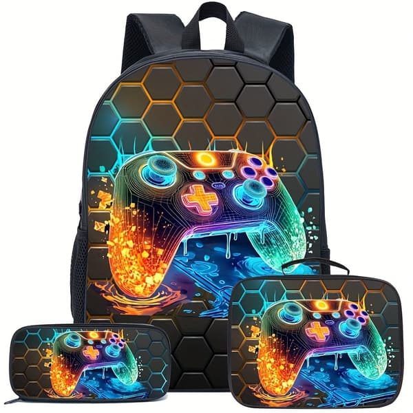 Trendy Patterned Backpack, Large Capacity Bookbag Three-Piece Set for Men (FMY) Model B Neon Model B Neon