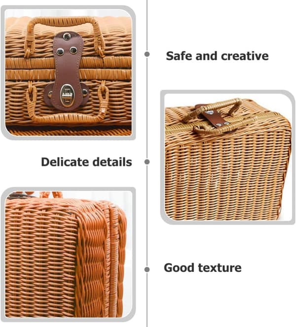 Storage Box with Rattan Look, Small Rattan Storage Basket, Smooth Leather Lock, Cosmetics, Home Storage