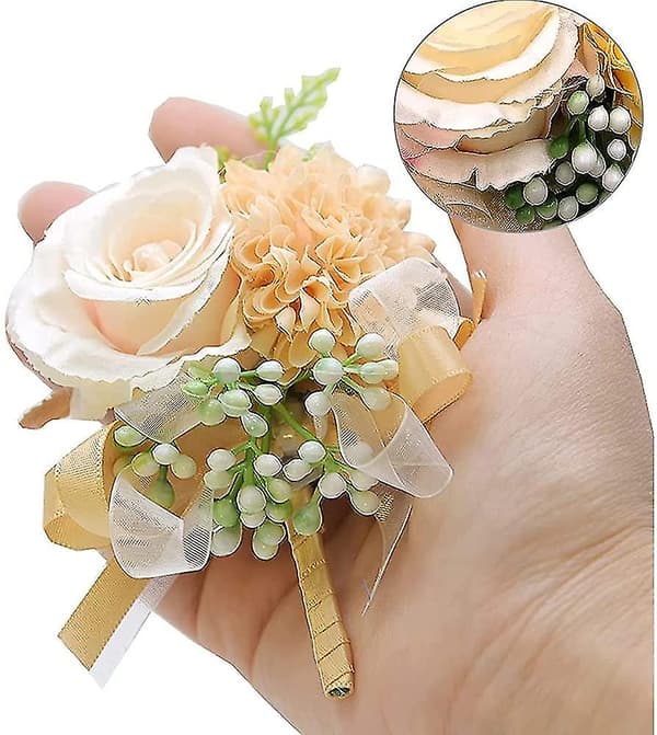 2 stk. Champagne Bryllups-boutonniere, Bryllupsblomst-armbånd