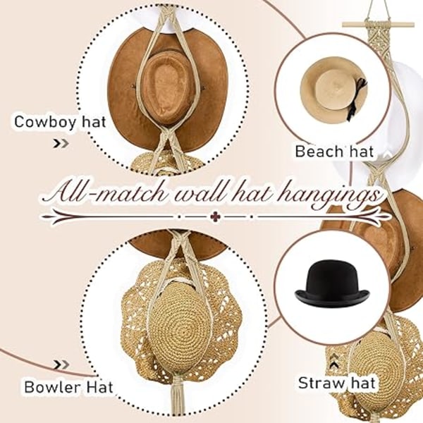 (Beige, Tre-hatte stil) Makramé hatthænger hat holder til væg