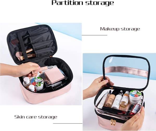 Portable Double-Layer Makeup Bag Waterproof Cosmetic Bag Large Capacity Travel Case with Brush Compartment