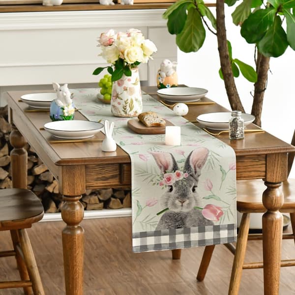 Easter Table Runner with Rabbit and Tulips, Seasonal Spring Tablecloth for Kitchen Table, Perfect for Home Decoration
