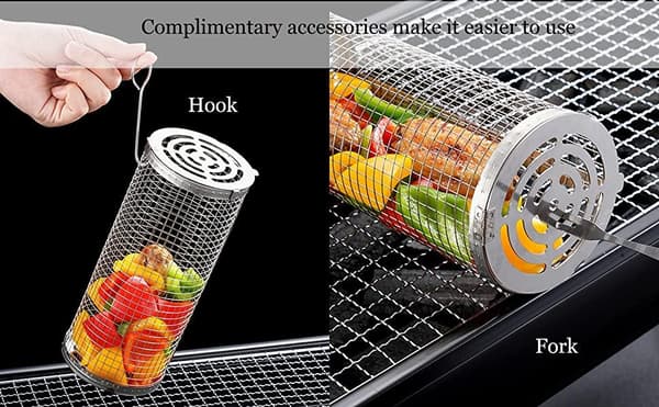 2-pack Grillkorg i rostfritt stål, 2 krokar och 2 gafflar. Rullgrill-FF-