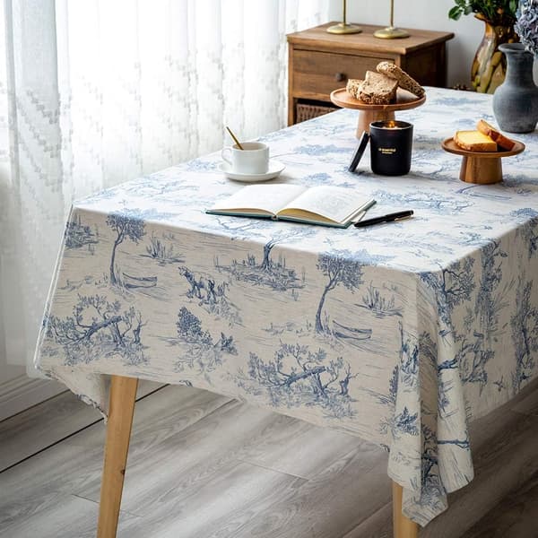 Klassisk rustikk linserviet med fransk bytrykk - Borddekorasjon for bondegård - 140x180 cm - Rektangulær - Blå
