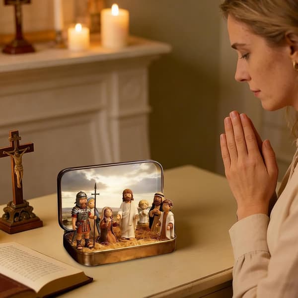 Mini Jesus-figurer realistisk blikkboks som skrivebordsdekorasjon -