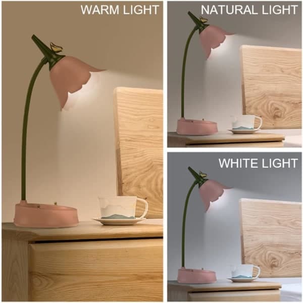 Blom LED Bordslampa Sladdlös Justerbar Svanhals Dimbar Touch Laddningsbart Batteri Student Sovrum (Rosa)