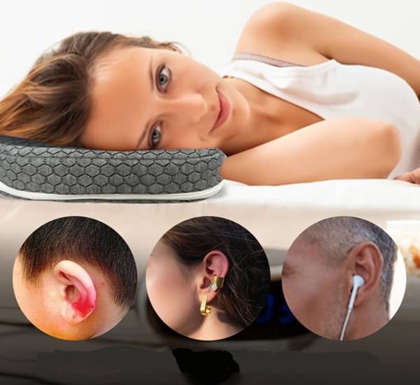 Ear Piercing Pillow with Ear Hole Orthopedic Support Pillow for Side Sleepers Comfortable with Earplugs Grey