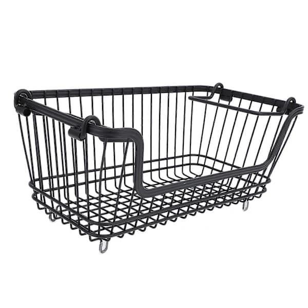 Stackable Wire Freezer Basket with Open Front and Foldable Handle for Vegetables, Fruits, Snacks, Kitchen Storage, Black