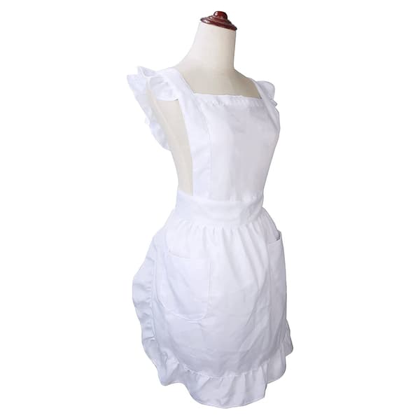 Victorian Cotton Maid Apron with Ruffle and Pockets, Adjustable Crisscross Back for Cosplay, Kitchen Baking, White