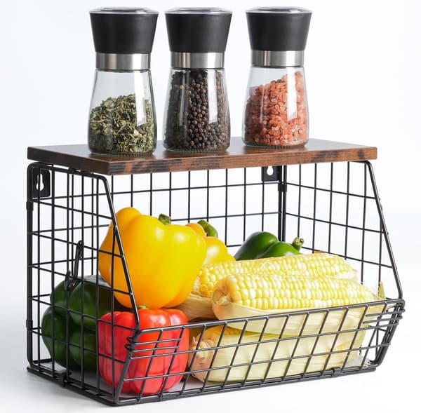 Wall Mounted Fruit Basket (30*15.5*21.6 cm), Stackable Wall Mounted Fruit Basket, Kitchen Vegetable Rack, Metal Fruit Basket, Black