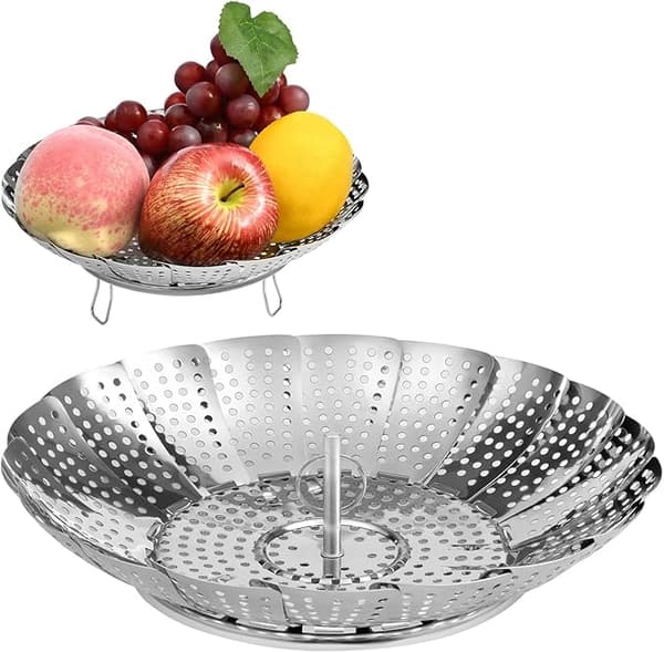 Dampkurv i rustfritt stål – Sammenleggbar grønnsaksdamper – Egnet for mat, grønnsaker og frukt – Medium