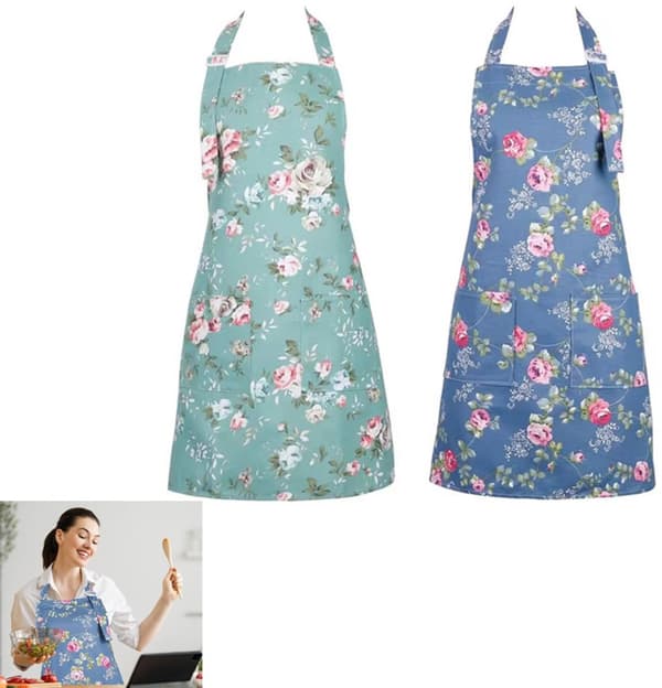 Forklæde med rosenmønster - Madlavningsforklæde til kvinder - Cateringforklæde - 73x85 cm - 2 stk. (Grøn + Blå)