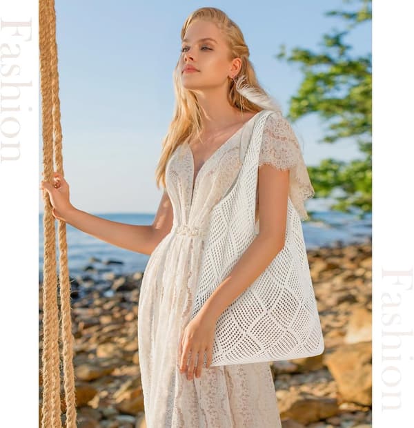Hæklet mulepose til kvinder Beige mesh strandtaske sommerferie boho håndtaske