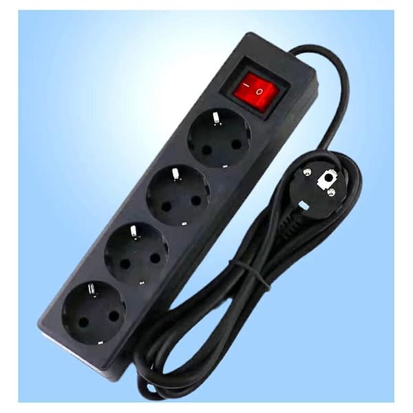 Power strip with switch - 4 sockets - 16A 2P - 3M extension cord - Black