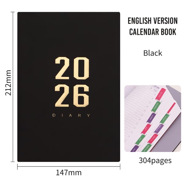 Kalender 2026 - Daglig Kalender - A5-format - 1 dag pr. side - 304 sider - [Sort] - Hardcover