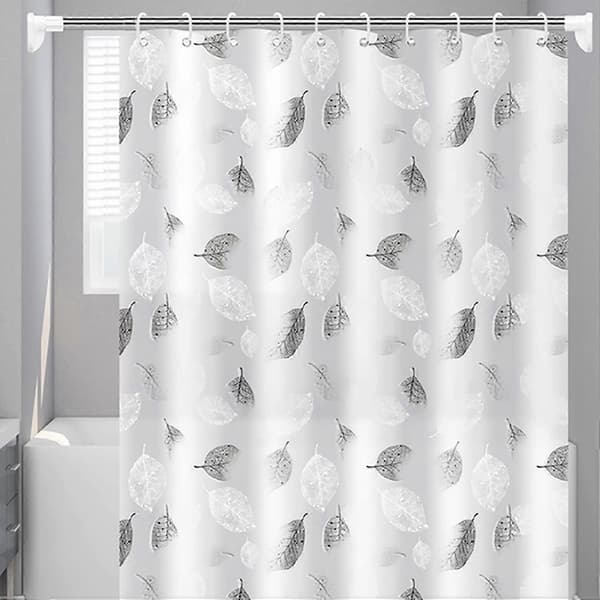 Durable Shower Curtain 180-200cm with 12 Hooks White Leaves Anti-Mildew[C]