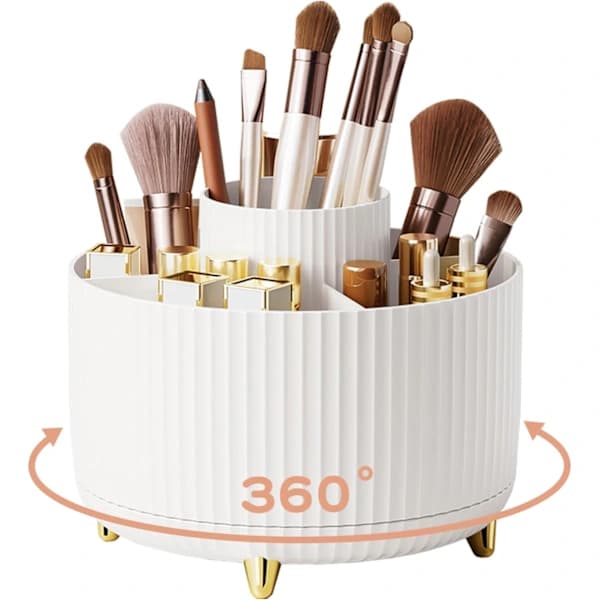 360 Rotating Pen Holder Desk Organizer with 5 Compartments ABS Storage Box for Home Office Makeup Accessories White