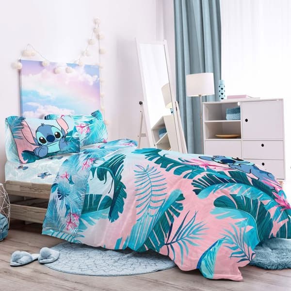 Sengetøy Disney Lilo & Stitch med blomster enkeltseng Blå Blå