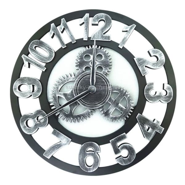 Retro Wooden Round Clock with Single-Sided Gear Digital Wall Clock 58cm (Silver)