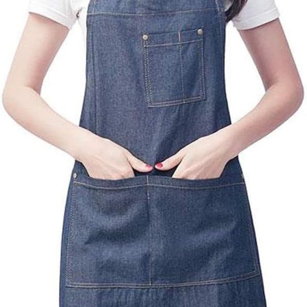 Denimförkläde, Unisex Justerbart Haklappsförkläde med 3 Fickor, Matlagningsförkläde KLB