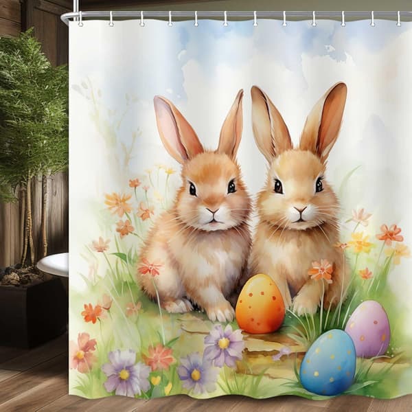 Duschdraperi för påsk, retro blommigt duschdraperiset med krokar 180x180 cm