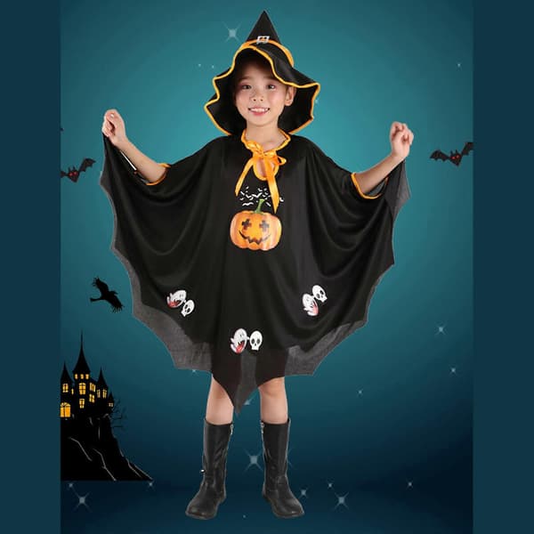 Heksekappe og hat sæt Græskarkostumer til drenge piger Halloweenfest udklædning