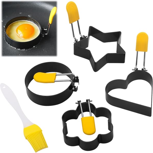 Fire forskjellige formede eggeformer, non-stick eggeringer i rustfritt stål og en silikonbørste for steking av egg