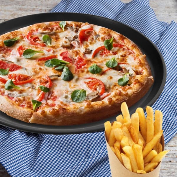 Round pizza tray with perforated bottom and non-stick coating 341