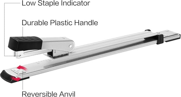 Long Reach Stapler - 25 Sheet Capacity - Standard Long Arm Stapler for Magazines or Books - Includes 1 Stapler Silver
