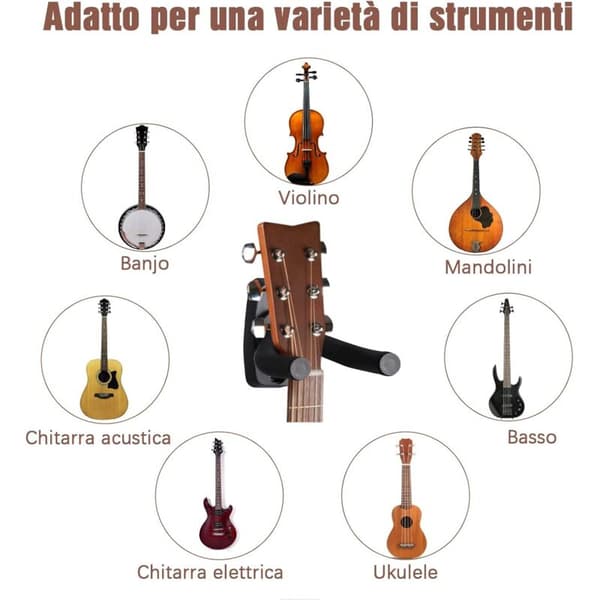 Gitarrväggfäste, Gitarrkrok med 5 plektrum, Ukuleleväggfäste, Elgitarr, Klassisk gitarr, Bas, Hängare, Svart (1 st)