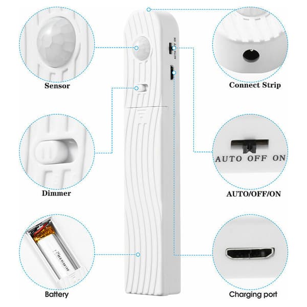 2M LED Strip with Motion Sensor, 120LED Dimmable Battery Powered Self-Adhesive LED Strip, for Kitchen Wall Cabinet Wardrobe Stairs (Cool White)