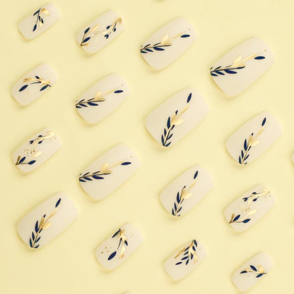 Gold Blue Leaf Press on Nails, Gold Foil Design, Acrylic Nails Glossy Artificial Fingernails Spring Stick on Nails