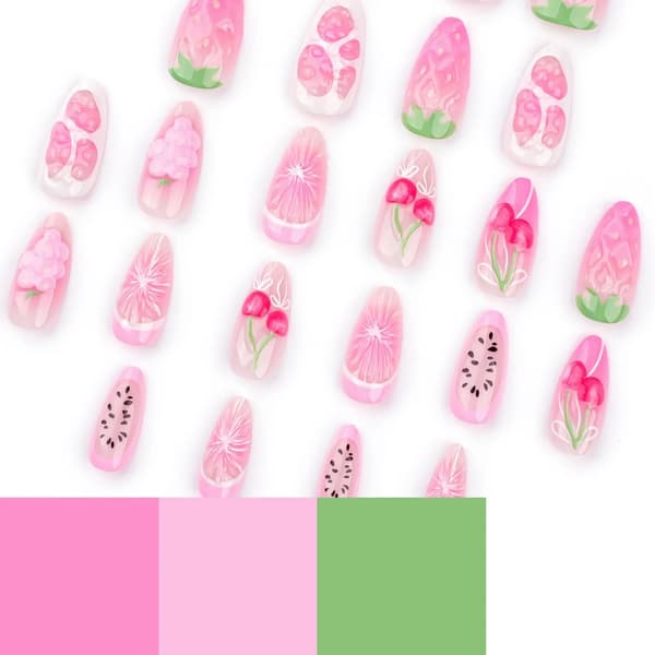 False Nails Almond Medium Glossy 3D Cherry Blossom Design Acrylic False Nails for Women Pink 24 PCS 29 29