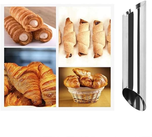 5 stykker cylindriske flødehornforme i rustfrit stål, cannoliforme, non-stick fylderør til danske kager og bageforme til croissant-skaller.