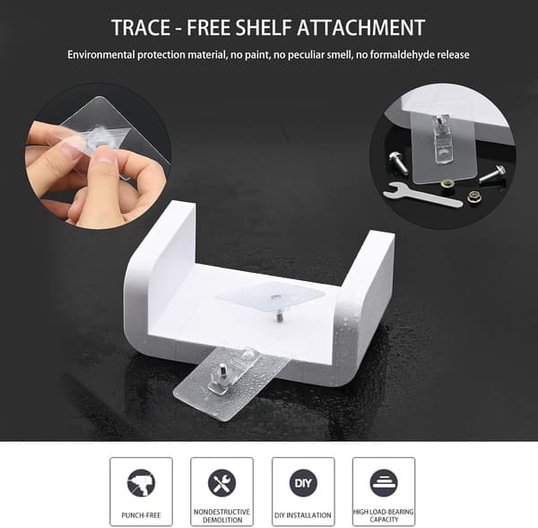 White Wall Mounted Bathroom Shelves, No Drilling Adhesive Wall Storage Rack, Waterproof Suction Cup Floating U-Shaped Wall Shelves Accessories (Slim)