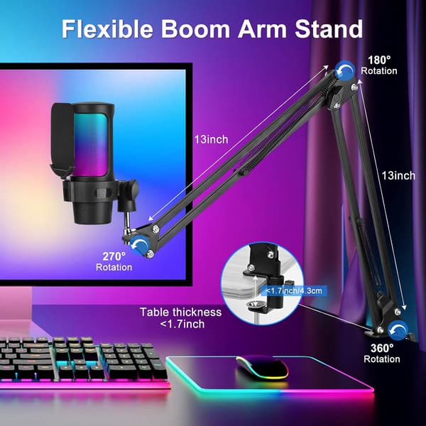 USB Gaming Microphone, RGB Condenser Microphone, with Arm, for Mac PS4 PS5, Streaming Gaming Podcaster
