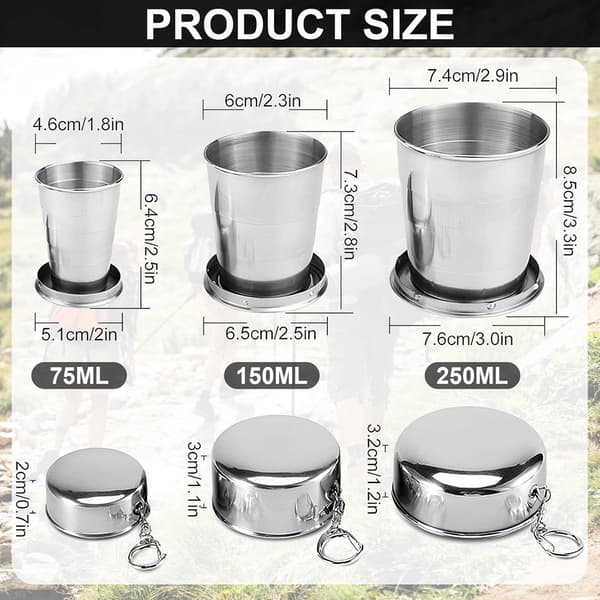 Sammenfoldelige kopper i rustfrit stål, 3 dele (75/150/250 ml), med nøglering, til camping og rejser